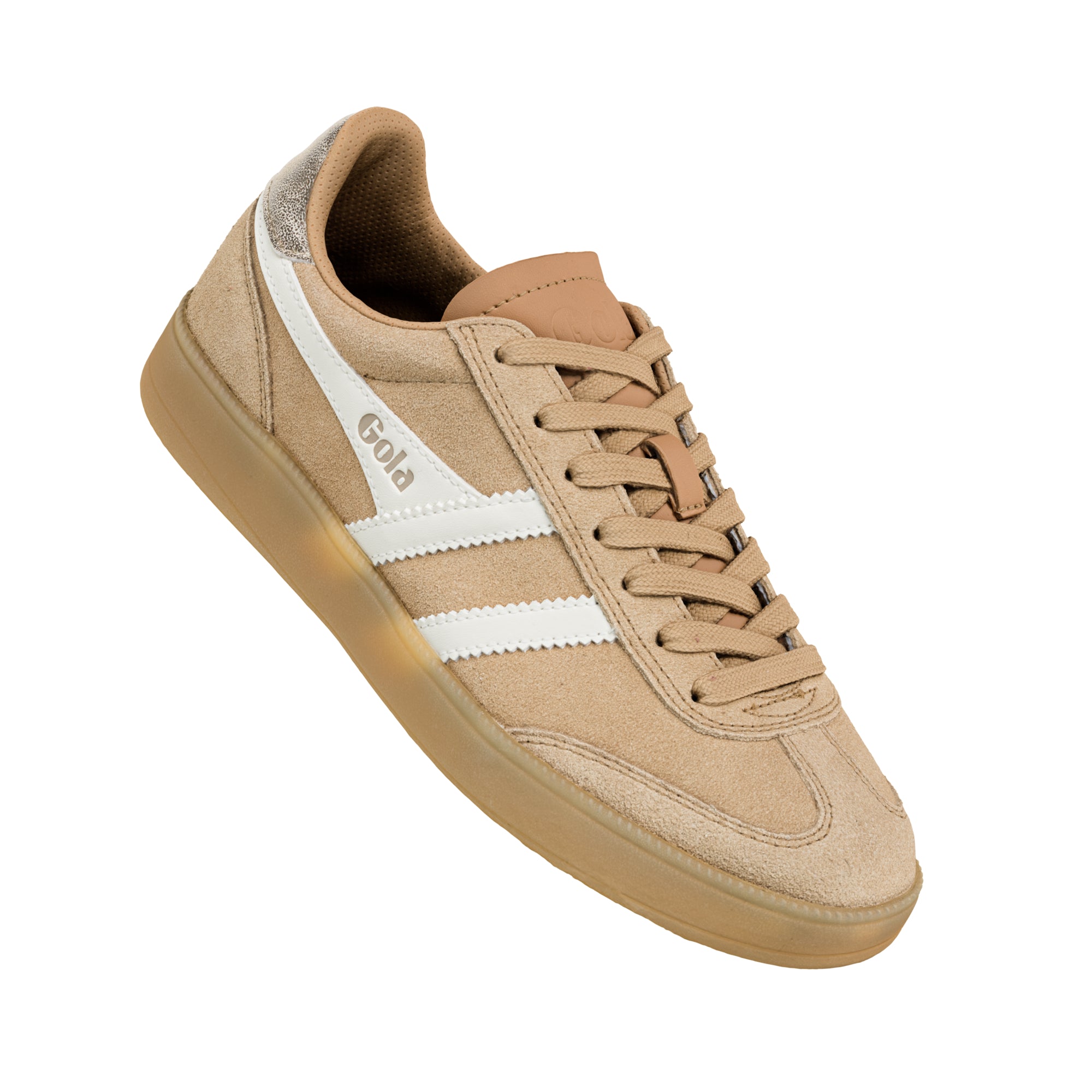 Beige suede Gola trainer with white side stripes and gum sole