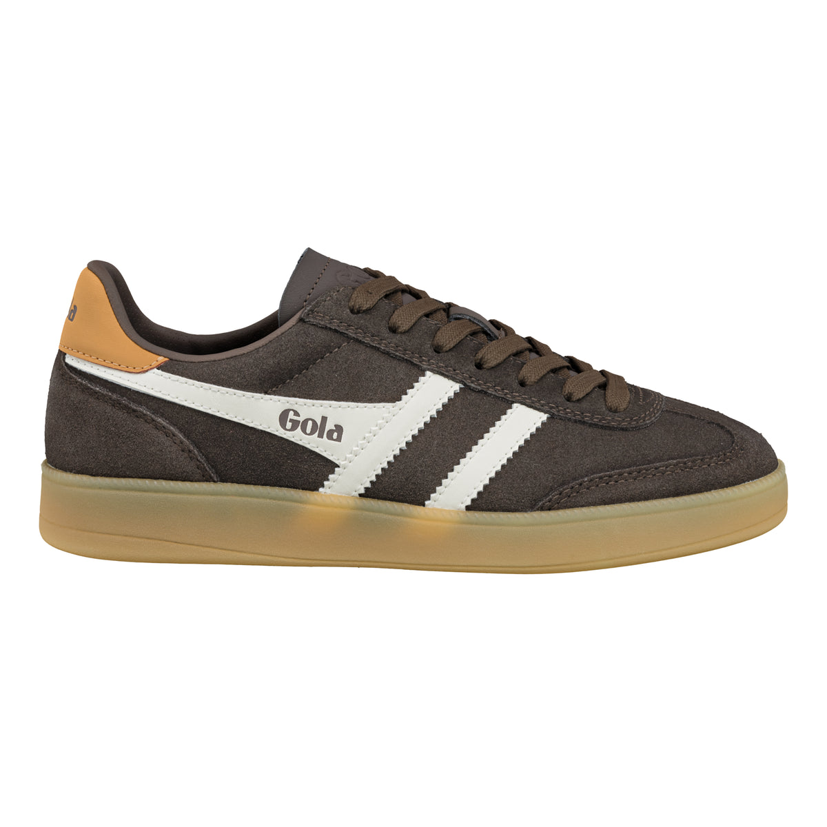 Gola Classics dark brown suede trainer with white side stripes and gum sole