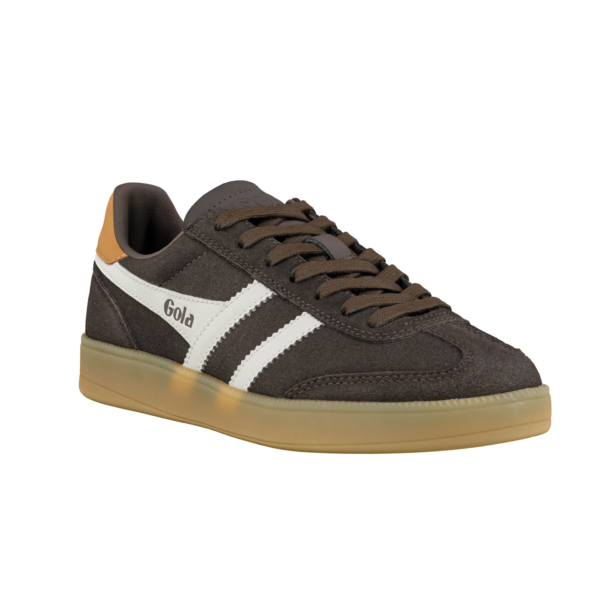 Dark brown suede Gola trainer with white side stripes and a gum sole