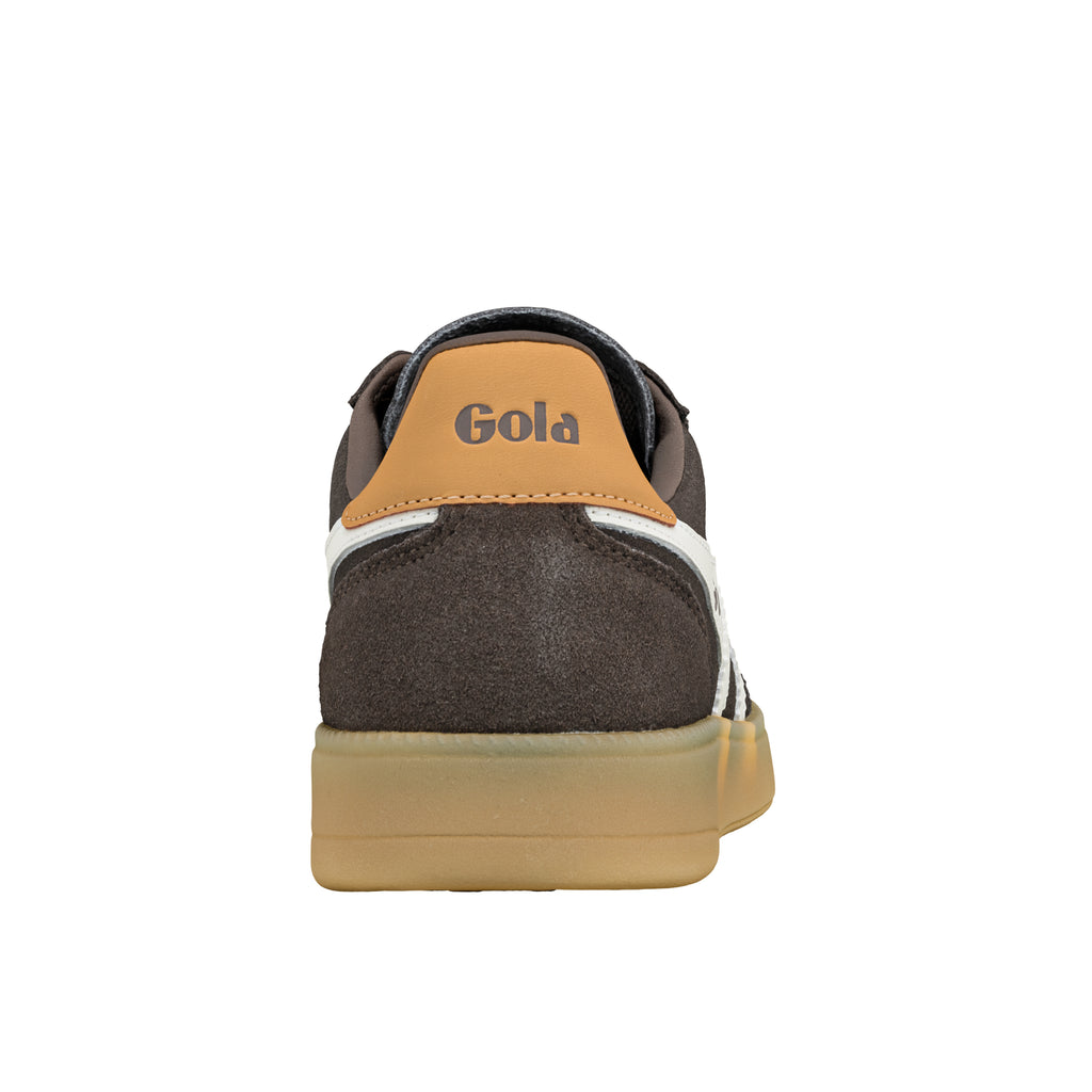 Rear view of a brown suede Gola trainer with a tan heel tab and gum sole
