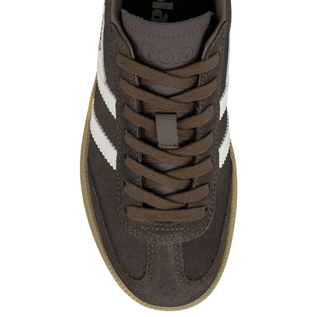 Brown suede Gola trainer with white side stripes and gum sole