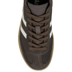 Brown suede Gola trainer with white side stripes and gum sole