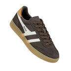Dark brown suede Gola trainer with white side stripes and a gum sole