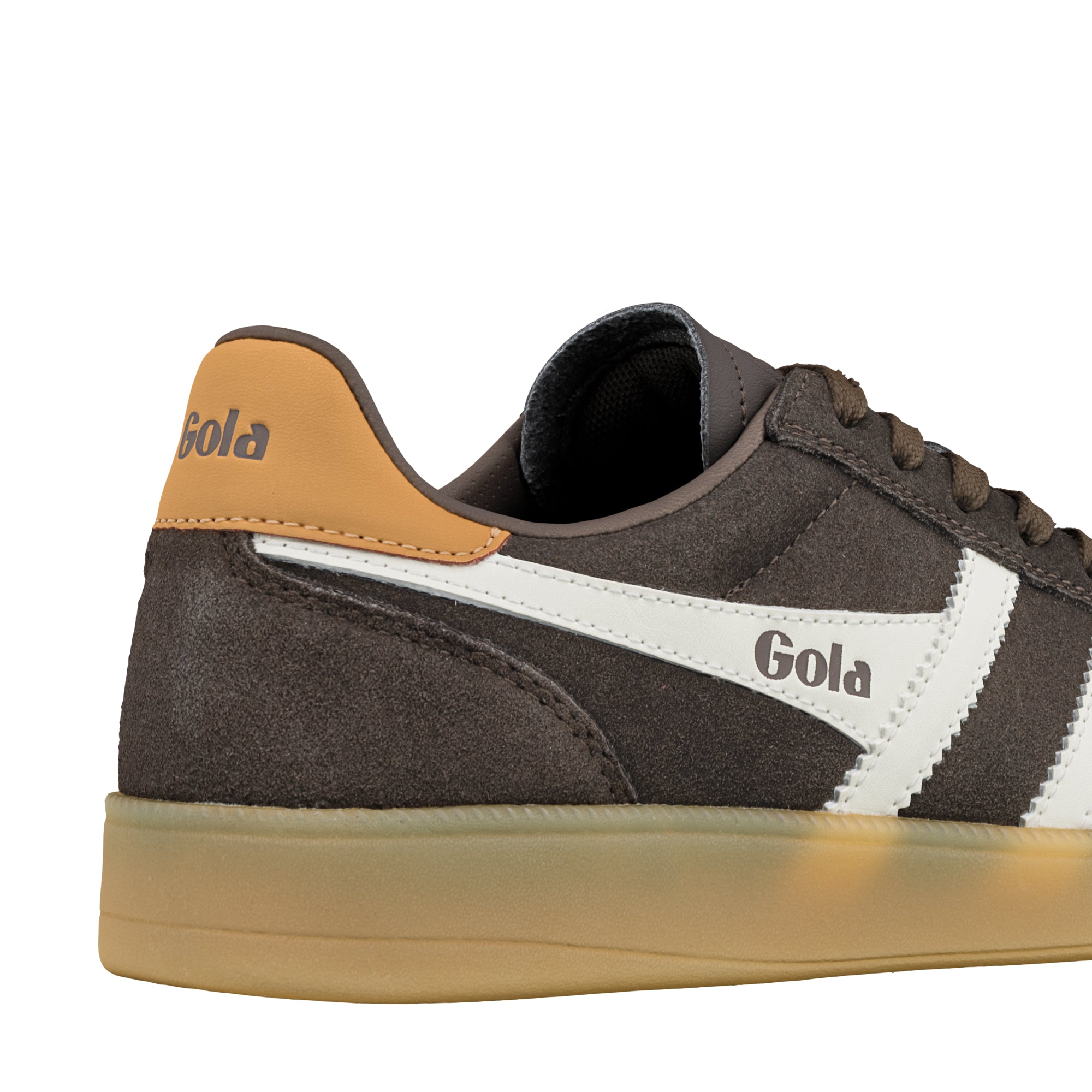 Close up of a brown suede Gola trainer with a gum sole and white side branding