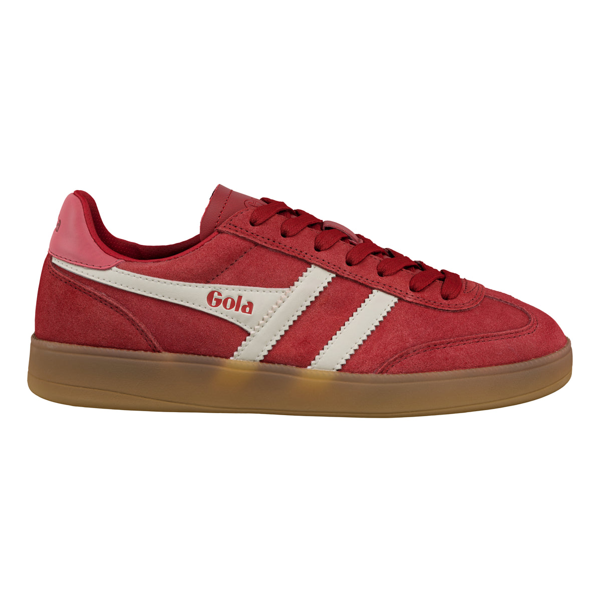 Gola Classics red suede trainer with white side stripes and gum sole