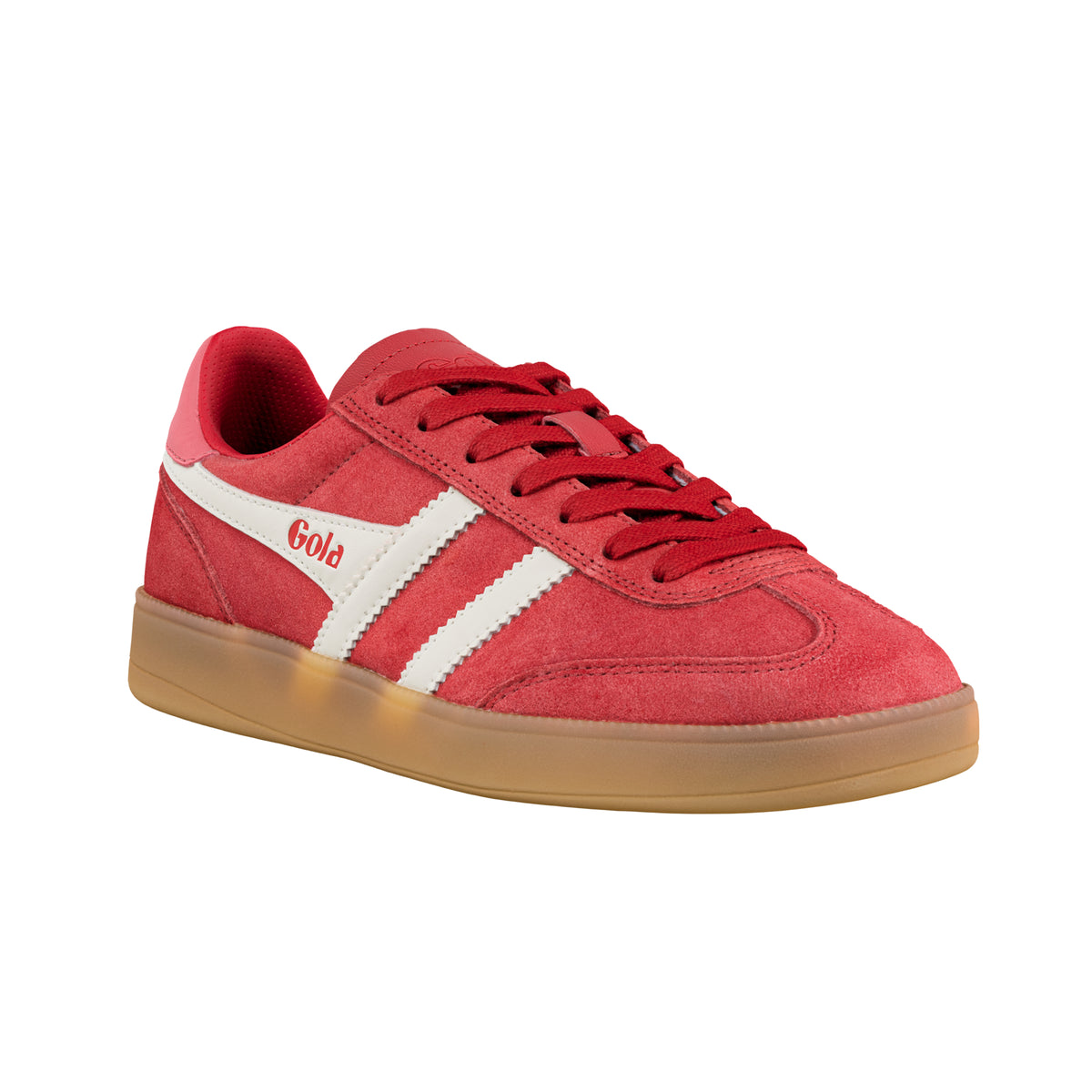 Gola Classics red suede trainer with white side stripes and gum sole