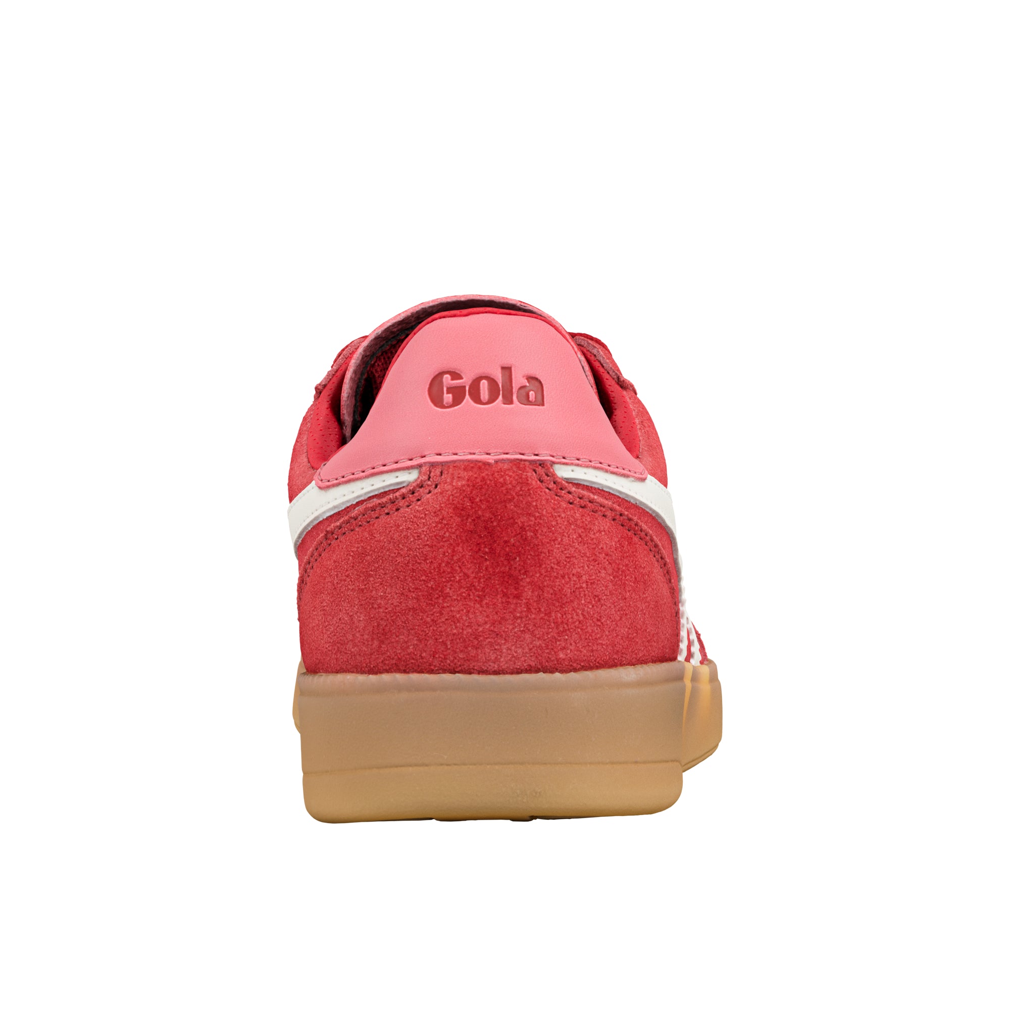 Rear view of a red suede trainer with a gum sole and Gola branding on the heel tab