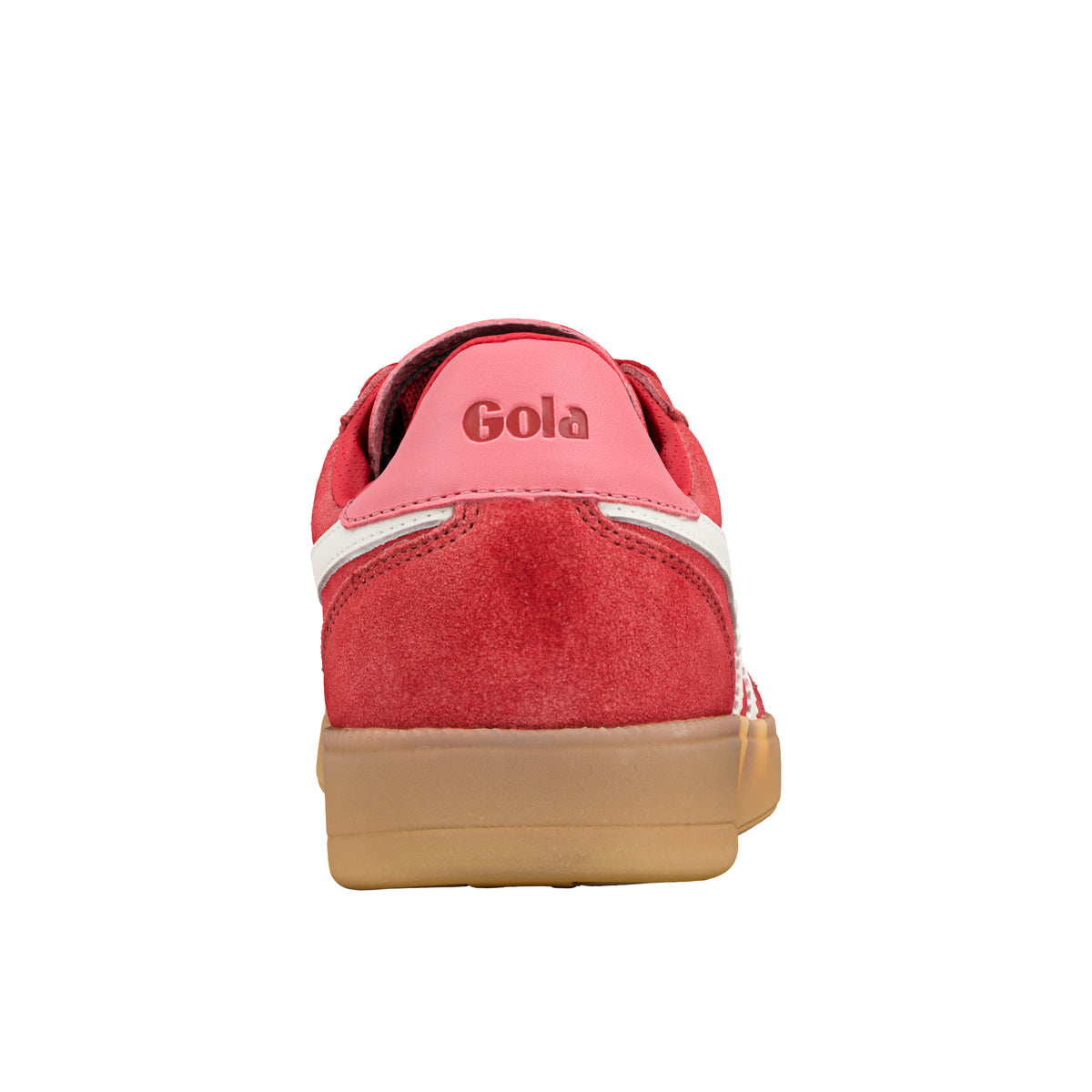 Rear view of red suede Gola Classics trainer with gum sole