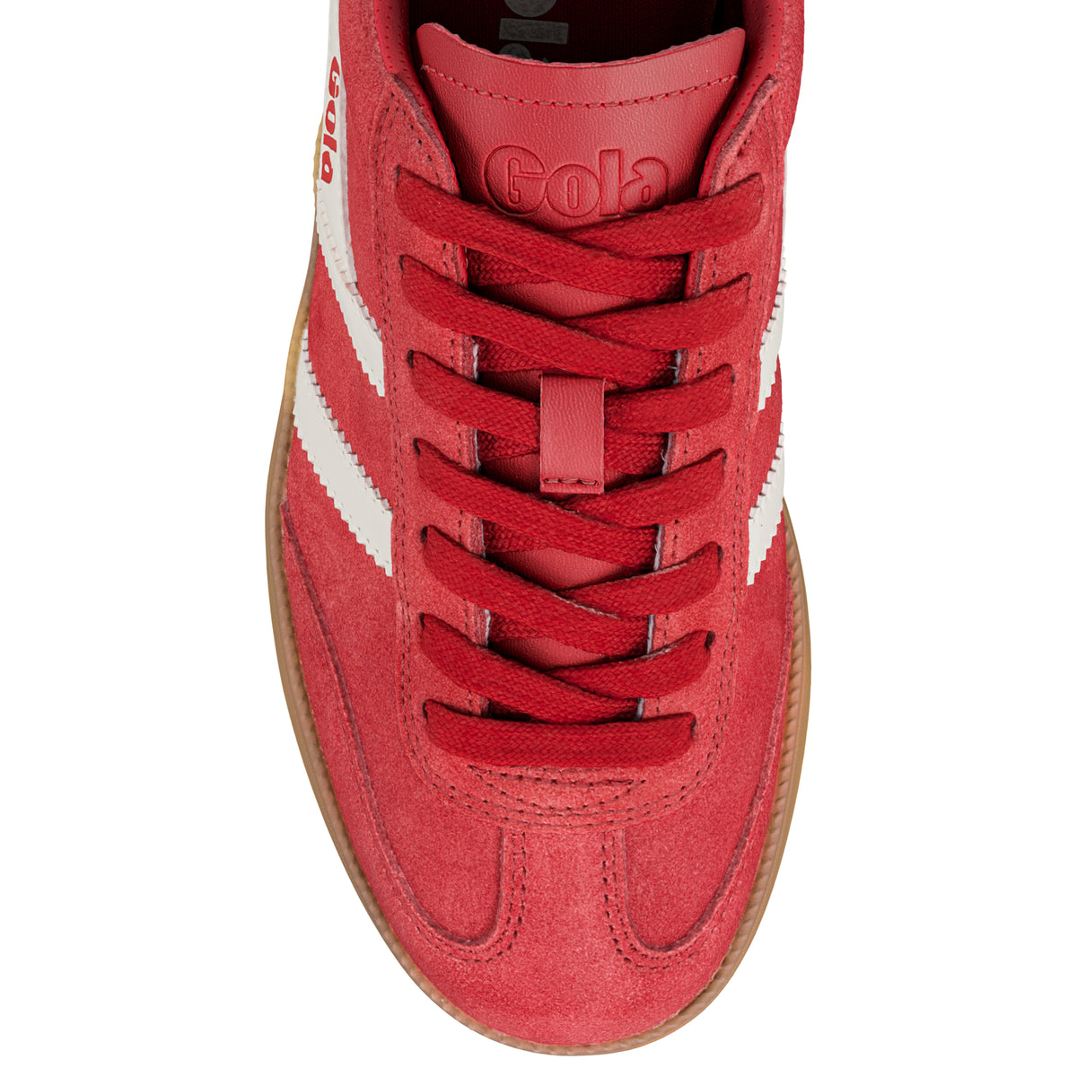 Top view of a red suede Gola Classics trainer with white side stripes and a gum sole