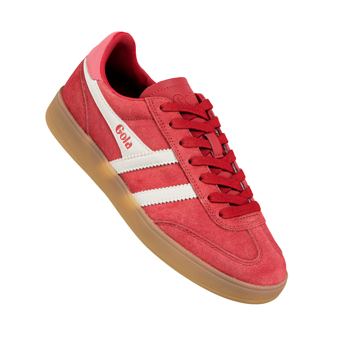 Gola Classics red suede trainer with white side stripes and gum sole