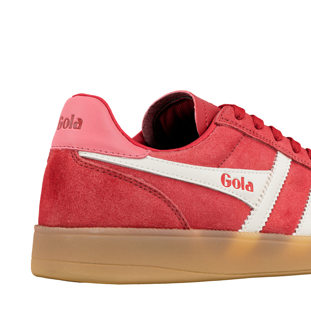 Red suede Gola trainer with white side stripe and gum sole