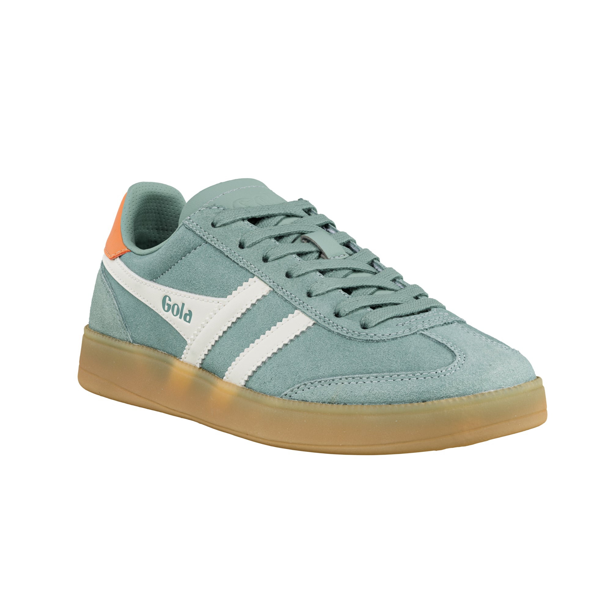 Sage green suede Gola trainer with white side stripes and a gum sole