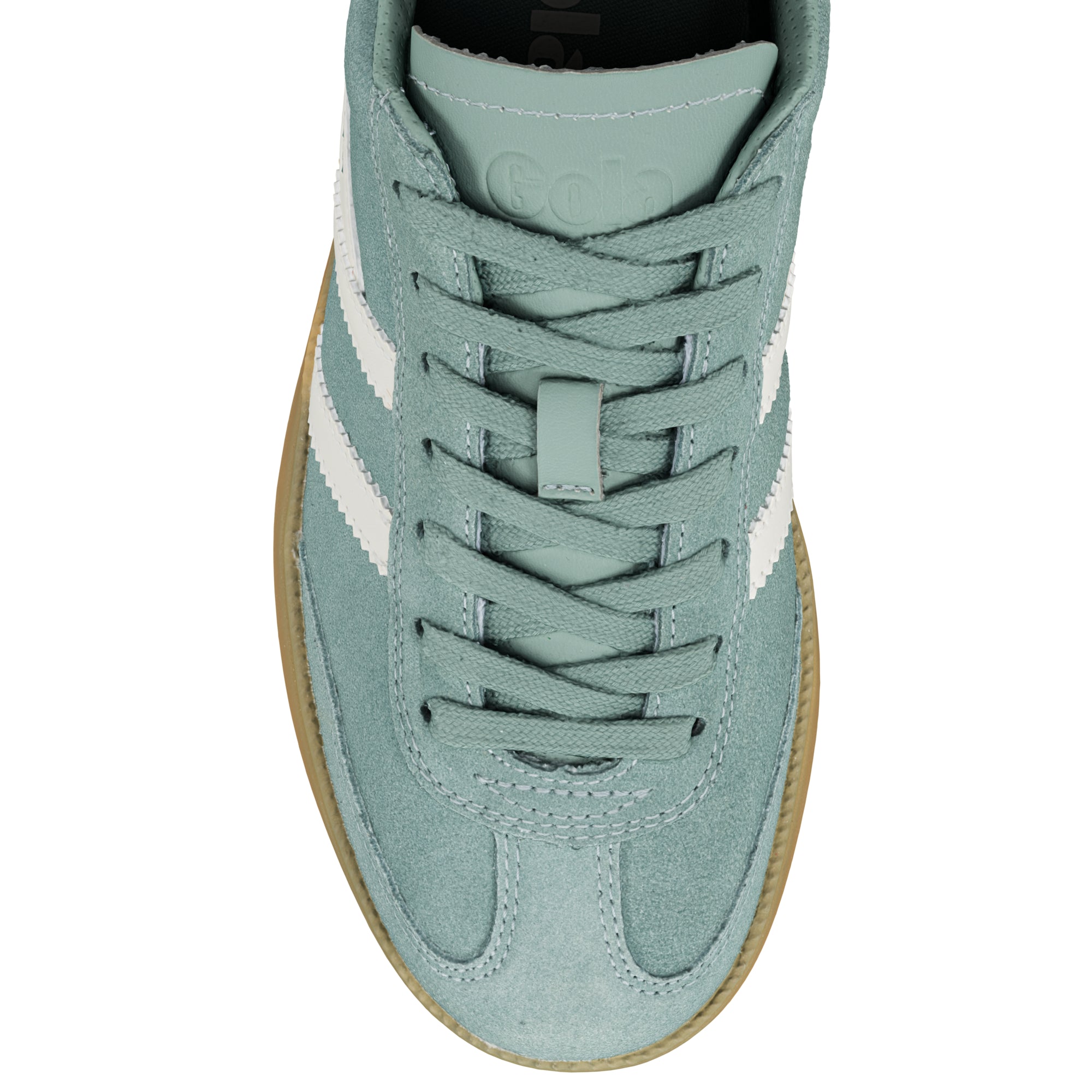 Top view of a sage green suede Gola trainer with white side stripes and a gum rubber sole