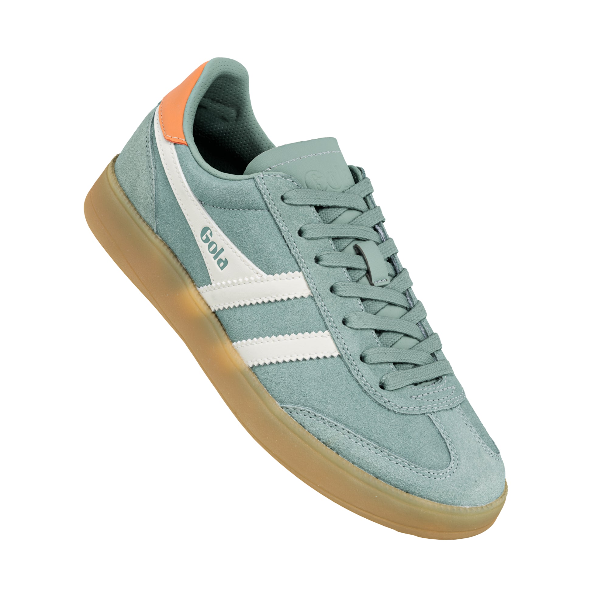 Sage green suede Gola trainer with white side stripes and a gum sole