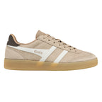 Beige suede trainer with white side stripes and a gum sole