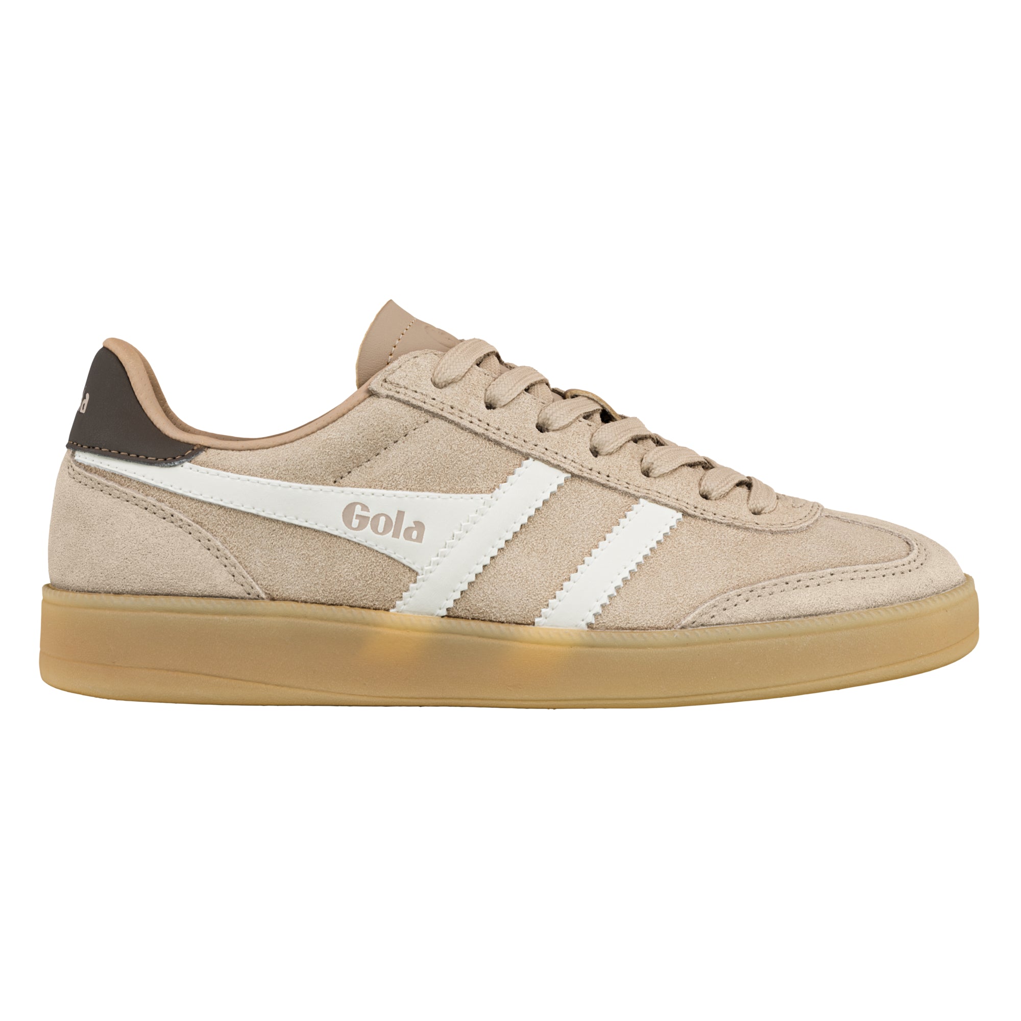 Beige suede trainer with white side stripes and a gum sole