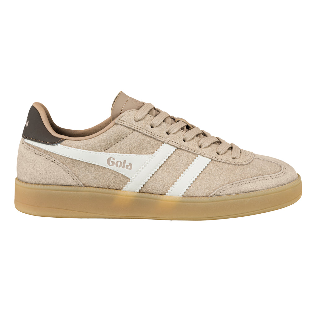 Gola Classics beige suede trainer with white side stripes and gum sole