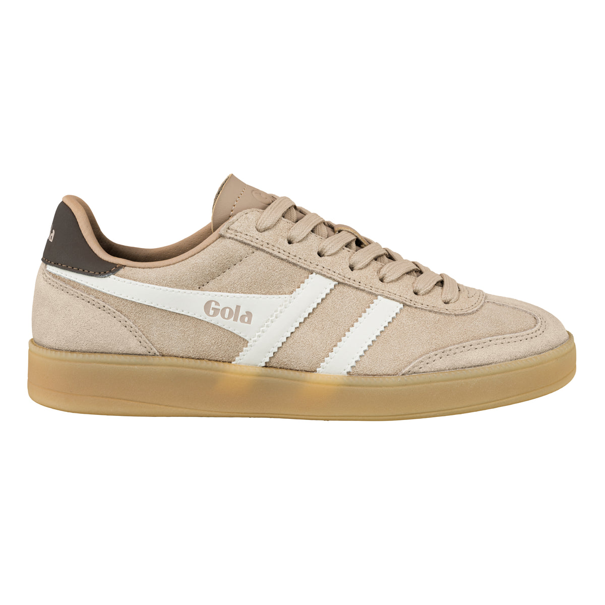 Gola Classics beige suede trainer with white side stripes and gum sole