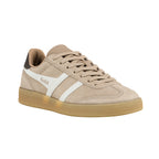 Beige suede Gola trainer with white side stripes and a gum sole