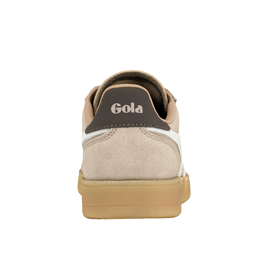 Rear view of a beige suede Gola trainer with a gum sole