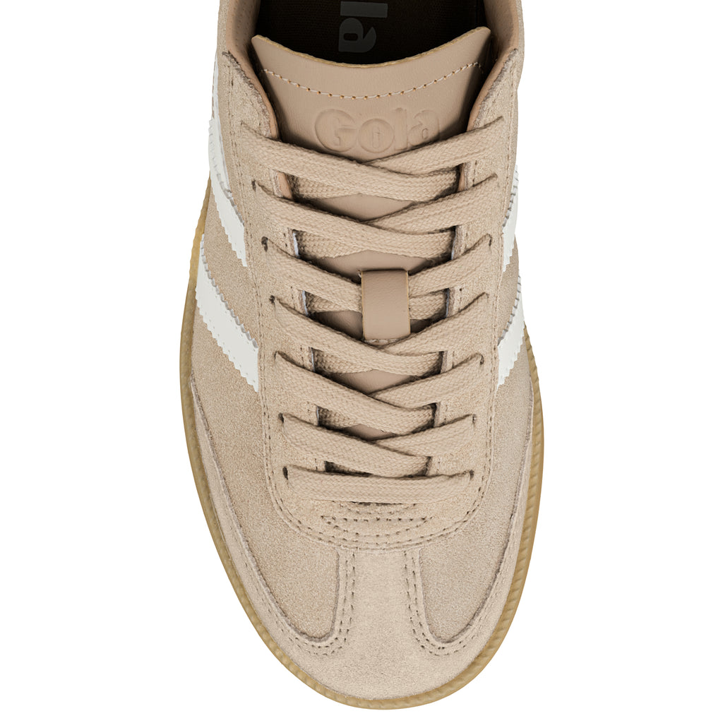 Top view of a beige suede Gola trainer with white side stripes and a gum sole