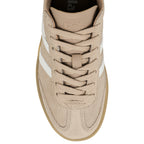 Top view of a beige suede Gola trainer with white side stripes and a gum sole
