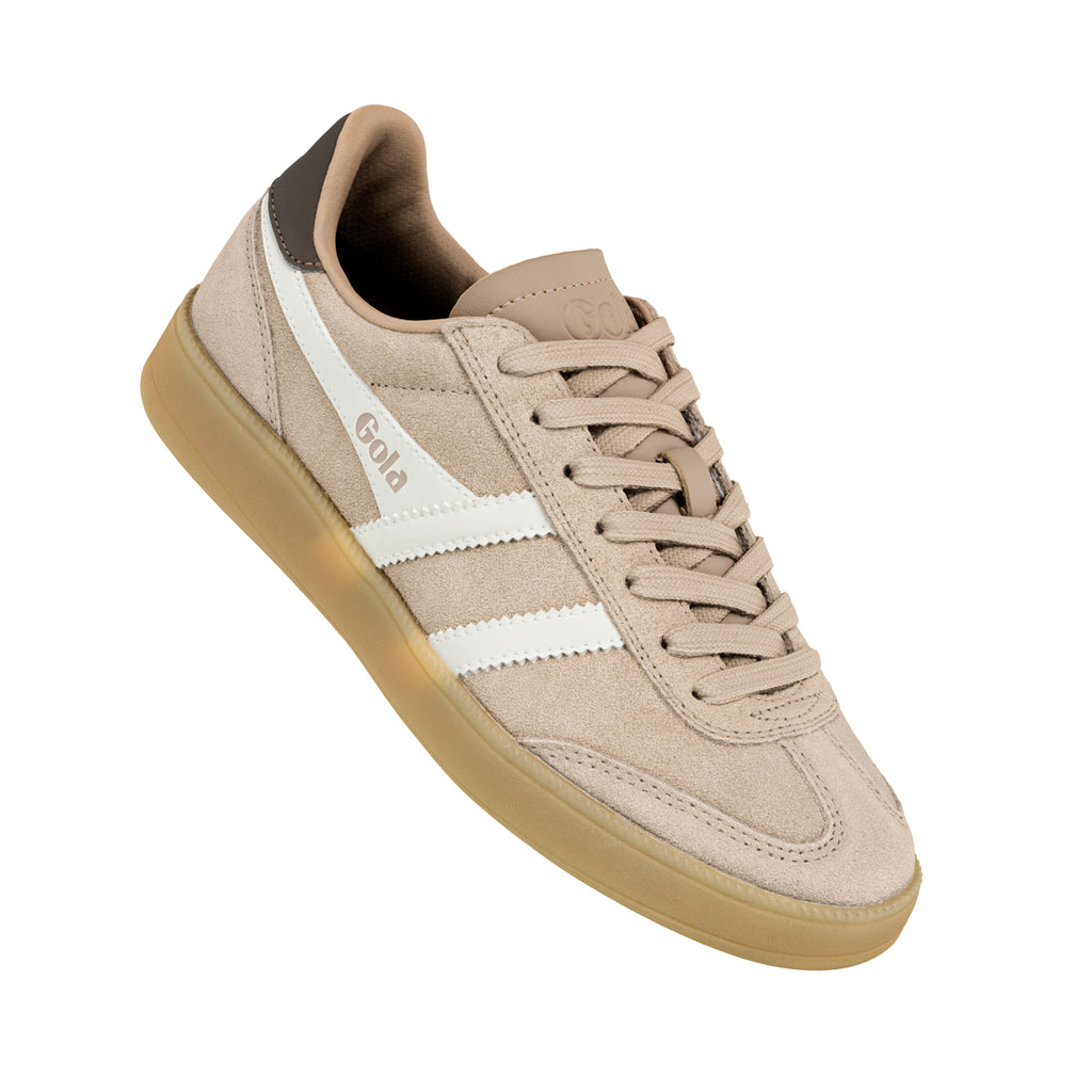 Beige suede Gola trainer with white side stripes and gum sole