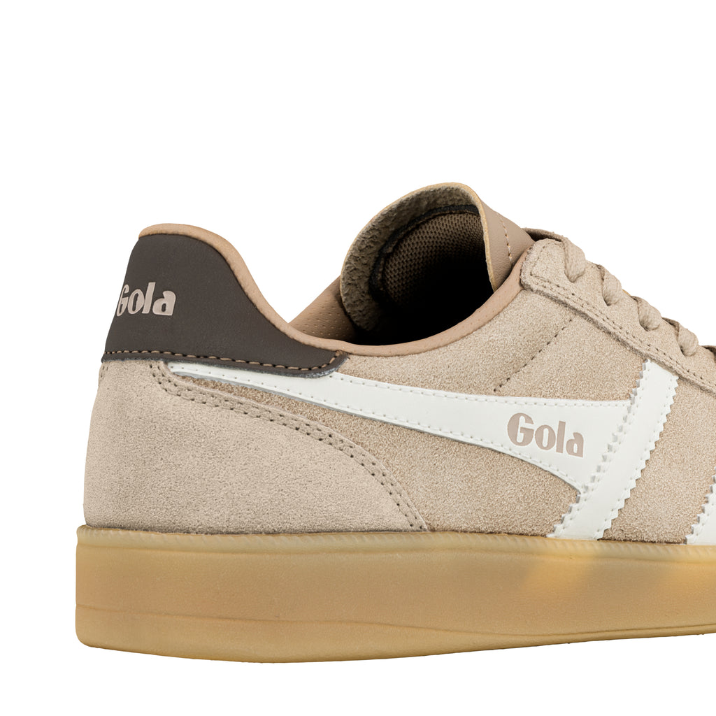 Close up of beige suede Gola trainer heel with gum sole