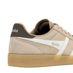 Close up of beige suede Gola trainer heel with gum sole