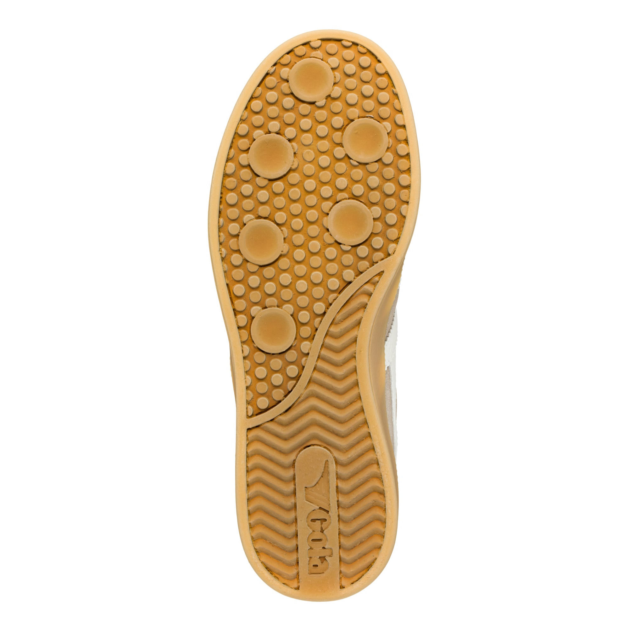 Tan rubber trainer sole with circular tread pattern and Gola logo