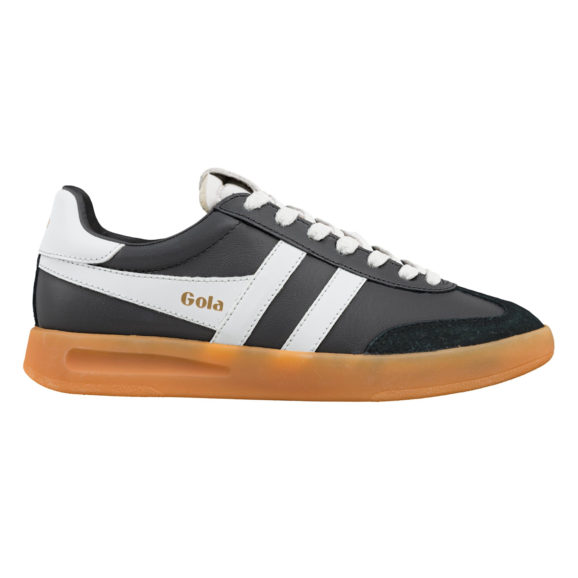 Black and white Gola trainer with a gum rubber sole