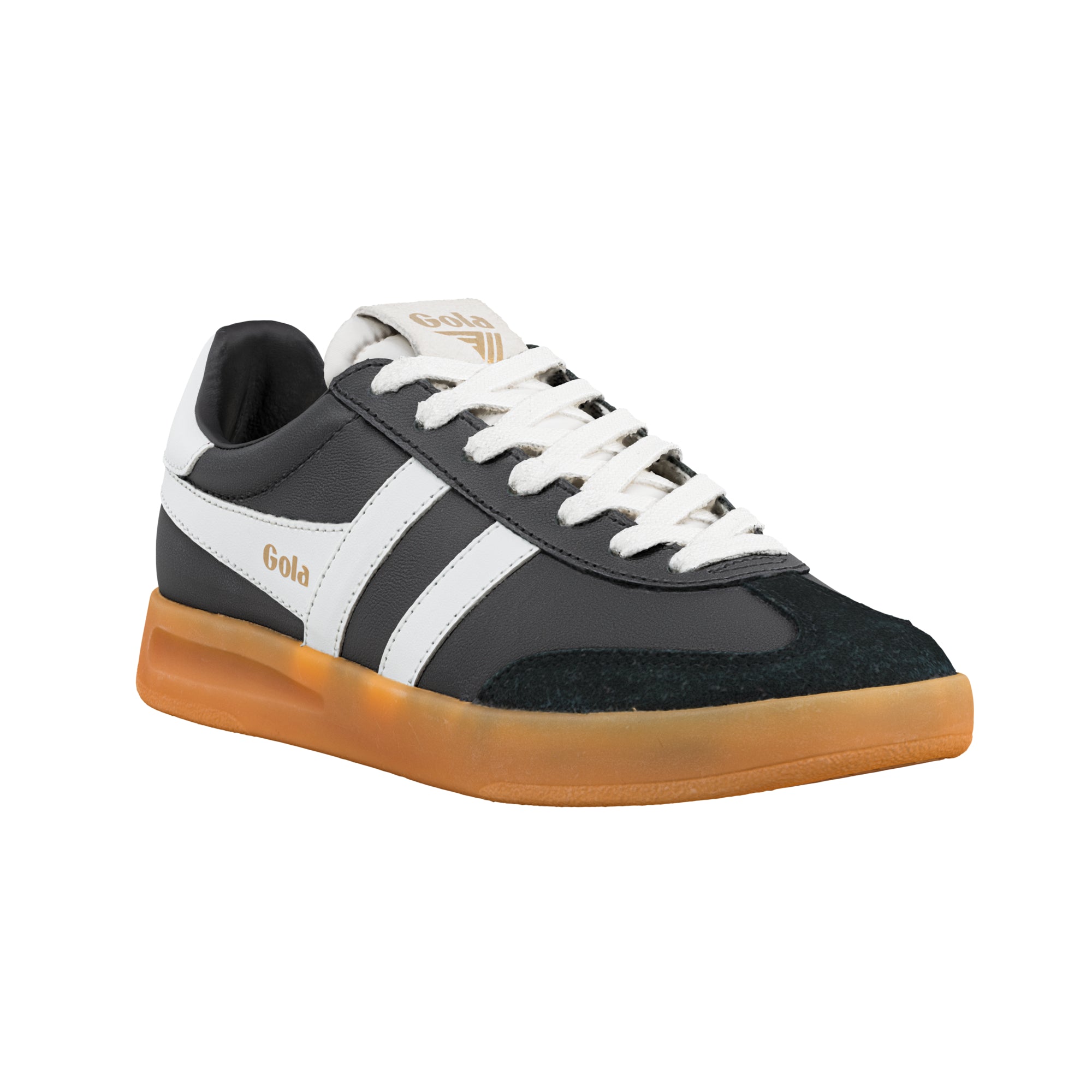 Black and white Gola trainer with a gum sole