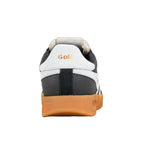 Rear view of a black and white Gola trainer with a gum rubber sole