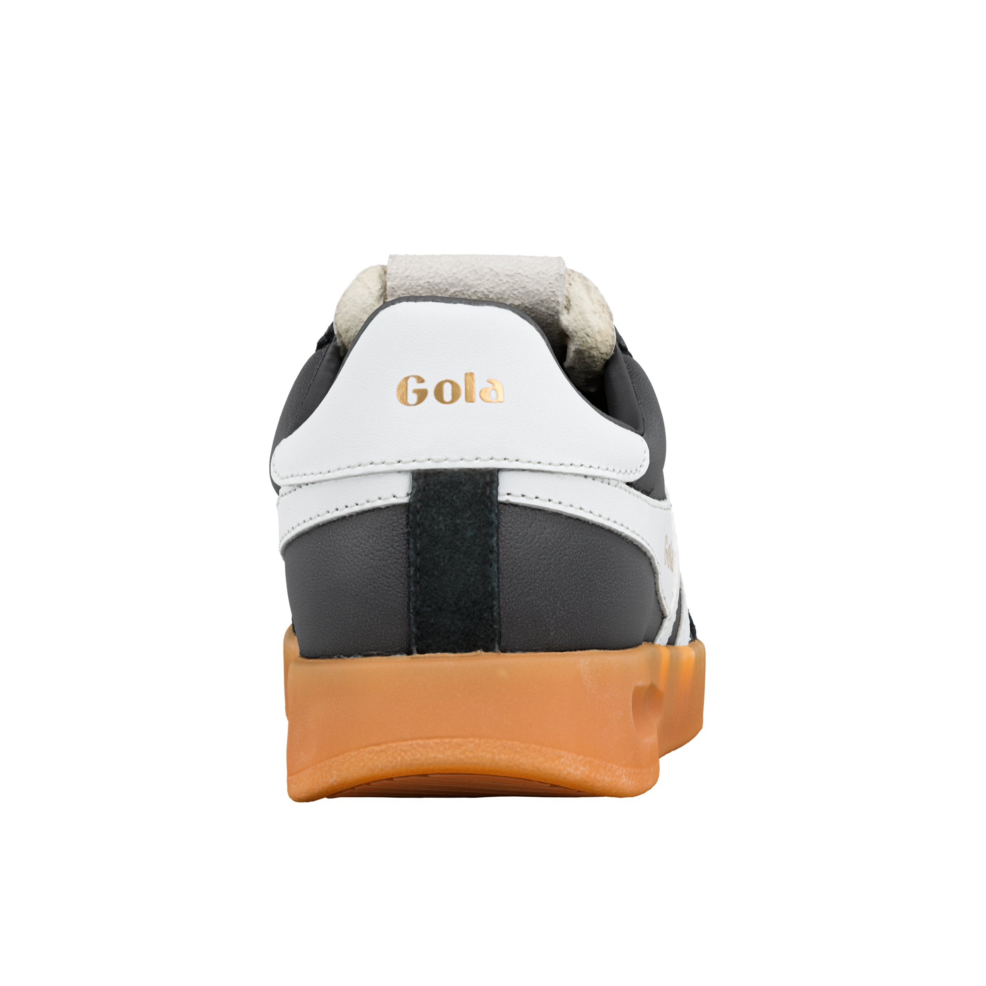 Rear view of a black and white Gola trainer with a gum rubber sole