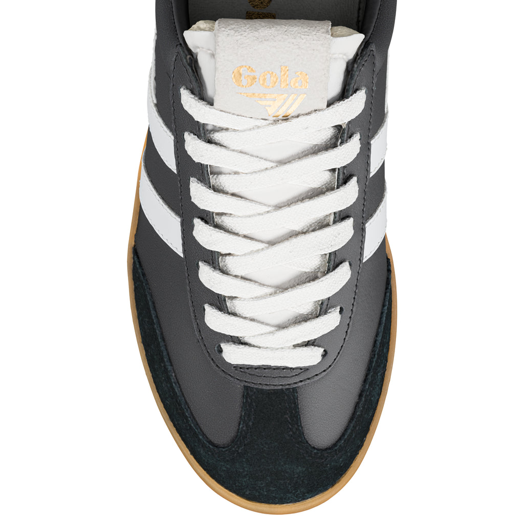 Top view of a grey Gola trainer with white laces and a gum sole