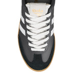 Top view of a grey Gola trainer with white laces and a gum sole