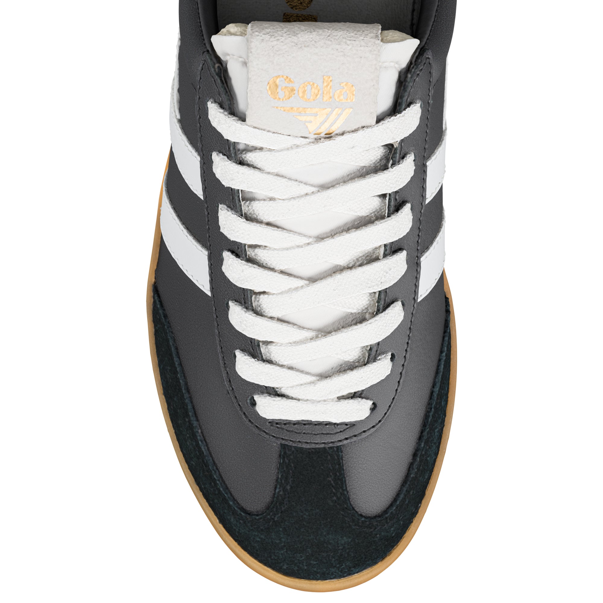 Top view of a grey Gola trainer with white laces and a gum sole