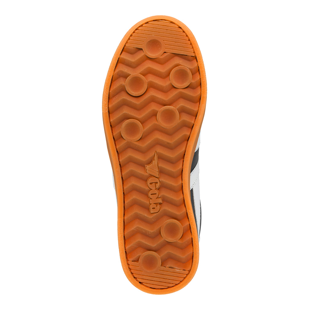 Orange rubber trainer sole with chevron tread pattern and Gola branding