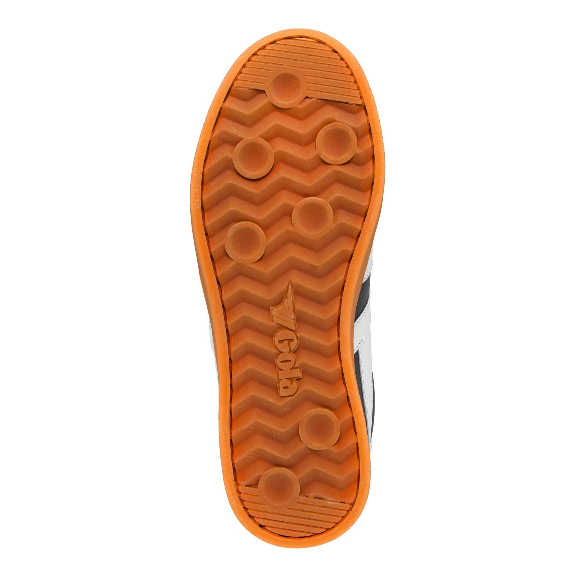 Orange rubber trainer sole with chevron tread pattern and Gola branding