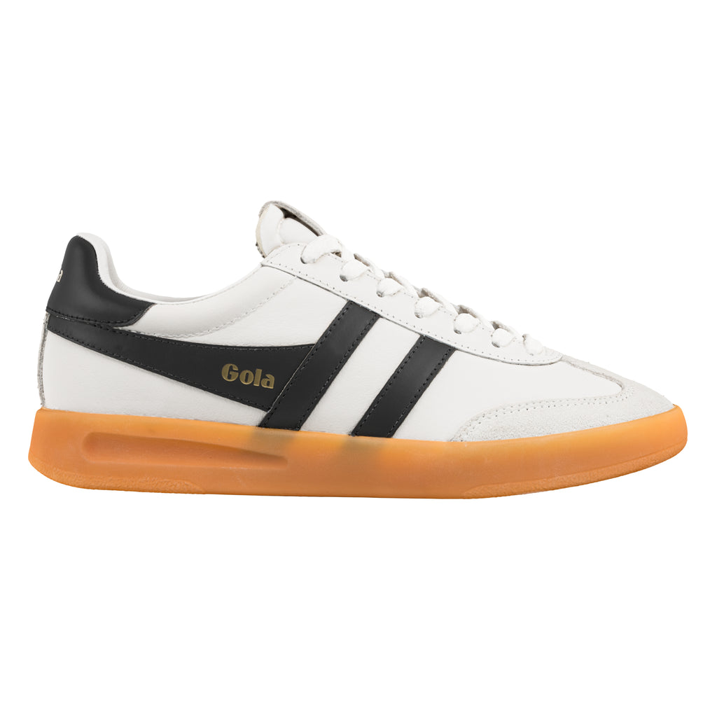 White Gola trainer with black side stripes and a gum sole