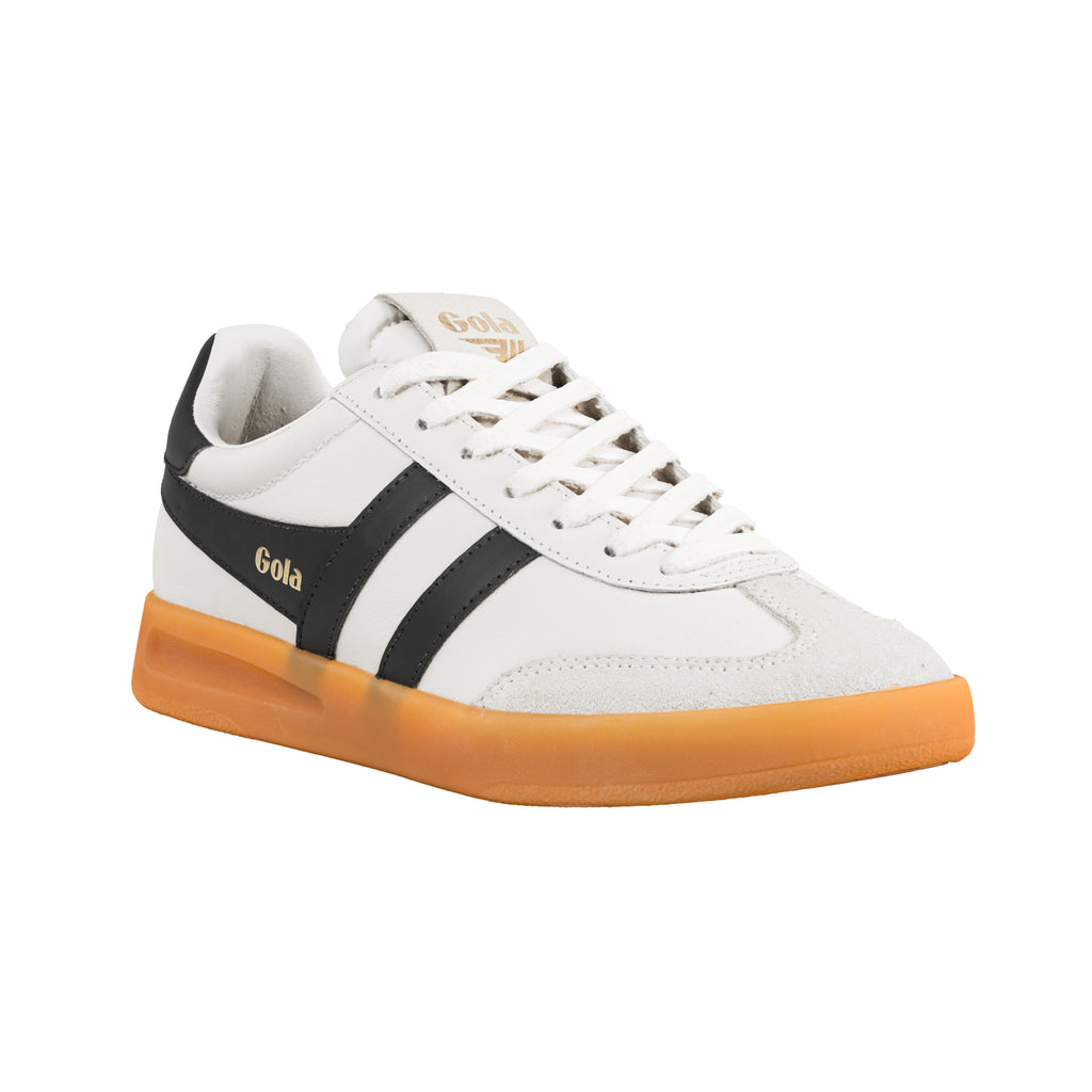 White Gola trainer with black side stripes and a gum sole