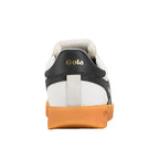 Rear view of a white Gola trainer with a black heel tab and orange gum sole
