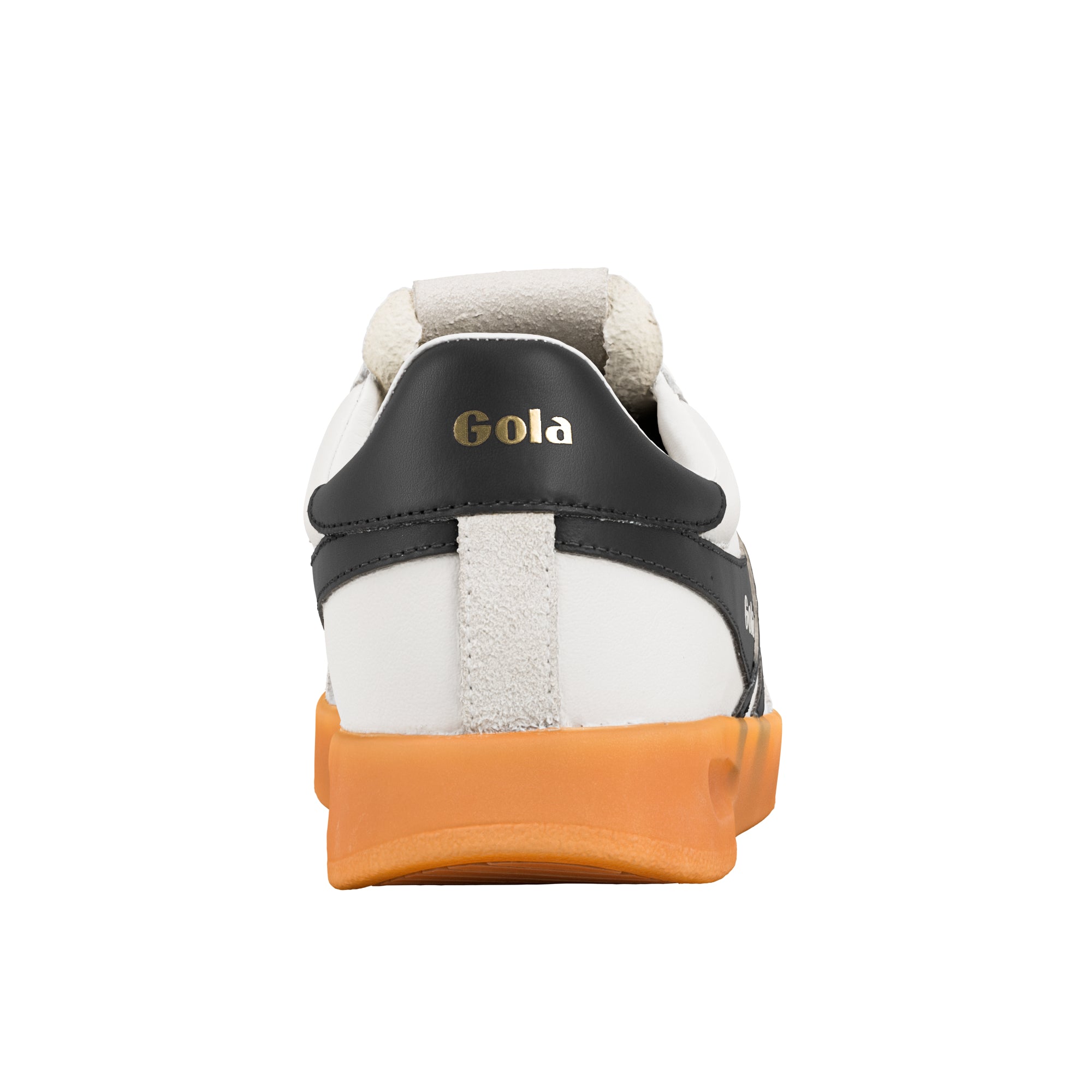 Rear view of a white Gola trainer with a black heel tab and orange gum sole