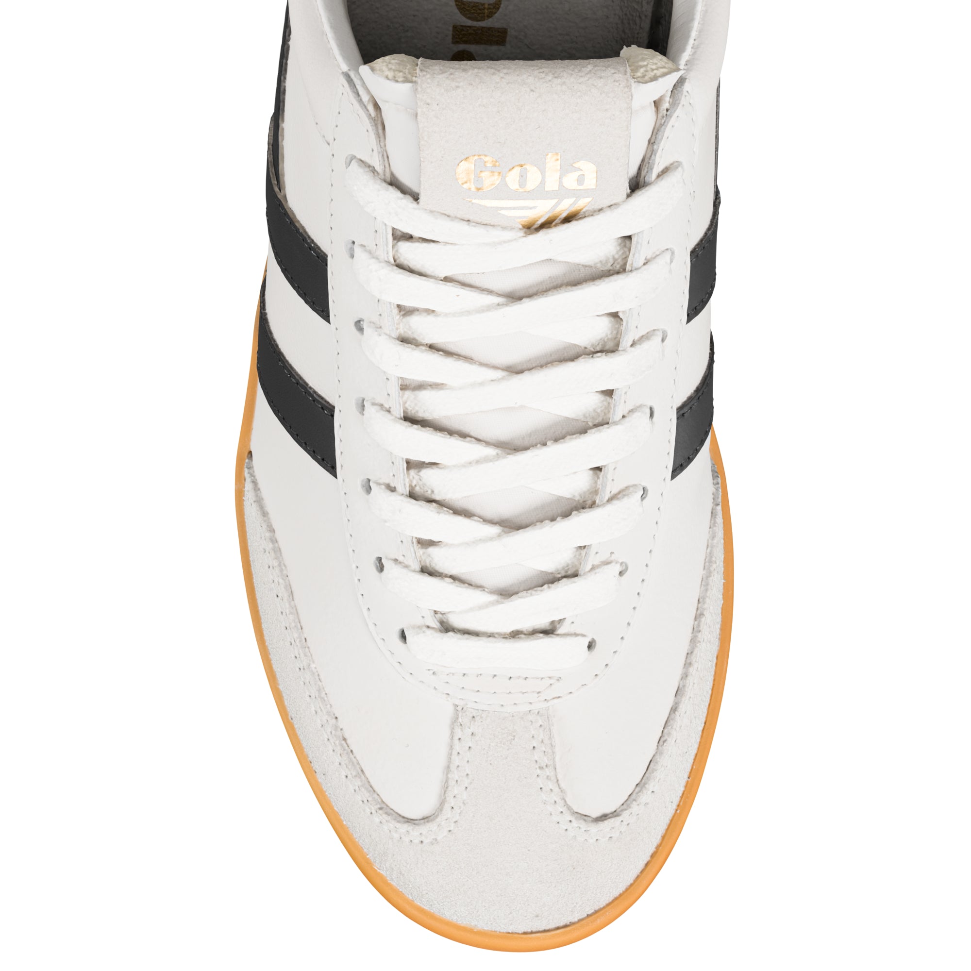 Top view of a white Gola trainer with black side stripes and a gum sole