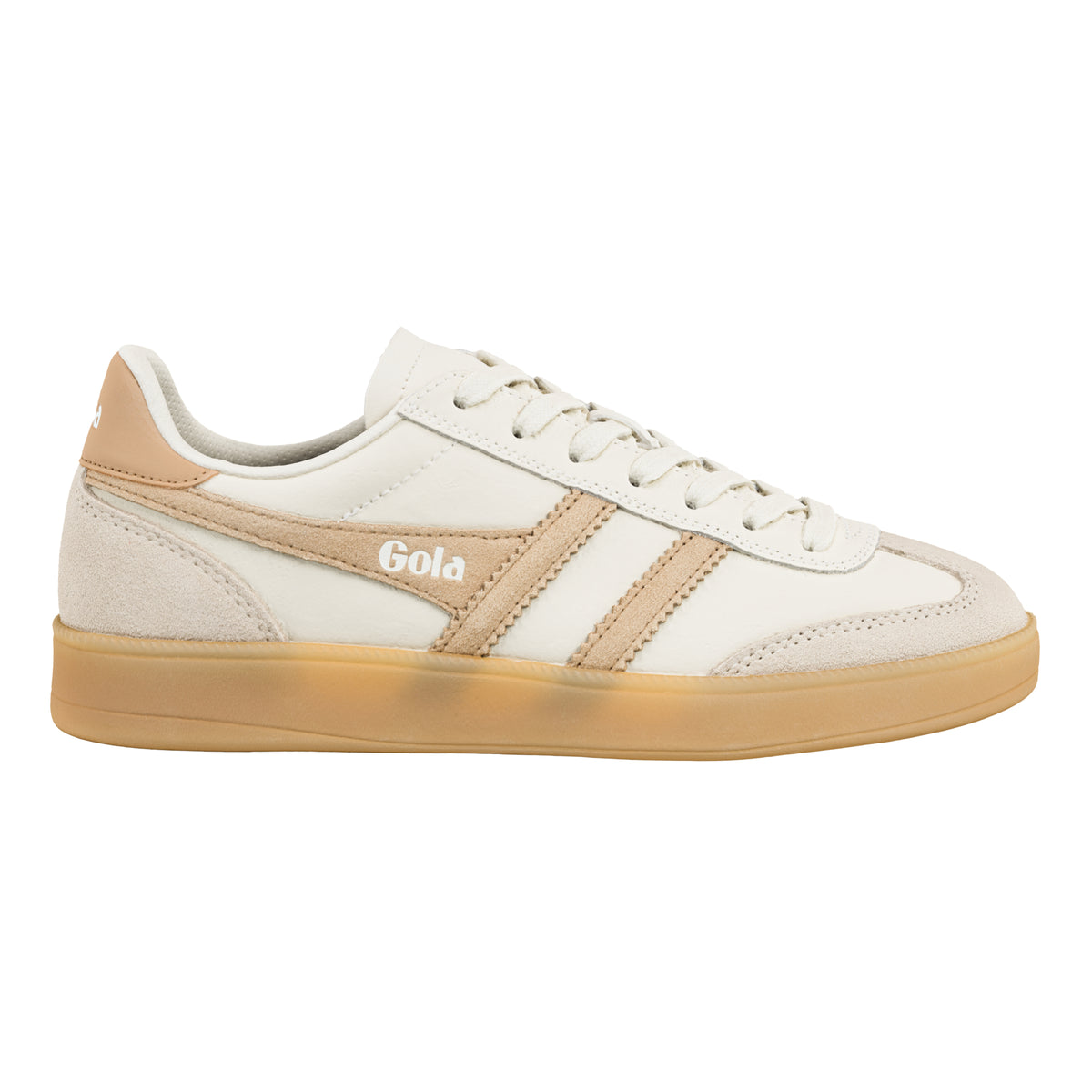 Gola Classics off-white trainer with beige suede detailing and a gum sole