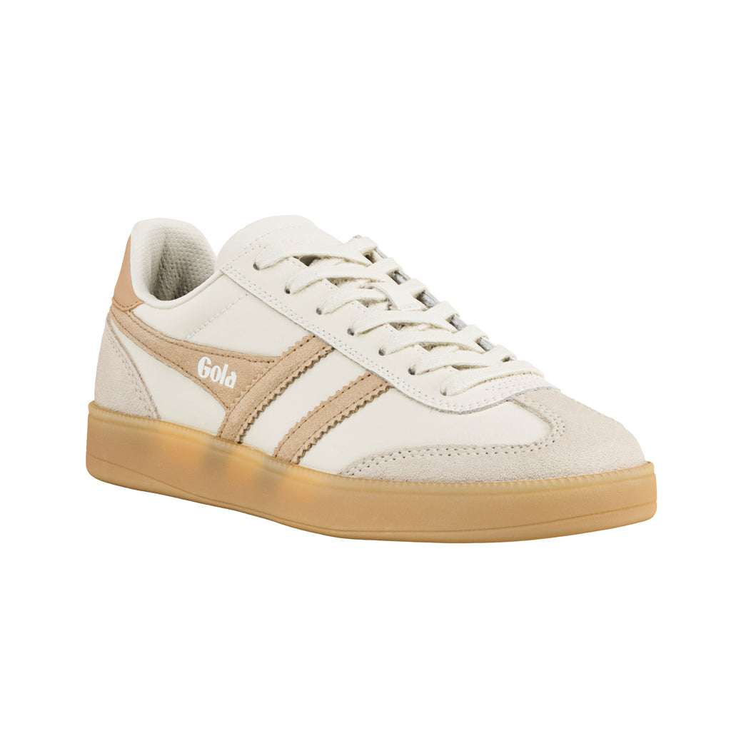 Off white Gola trainer with beige suede detailing and a gum rubber sole