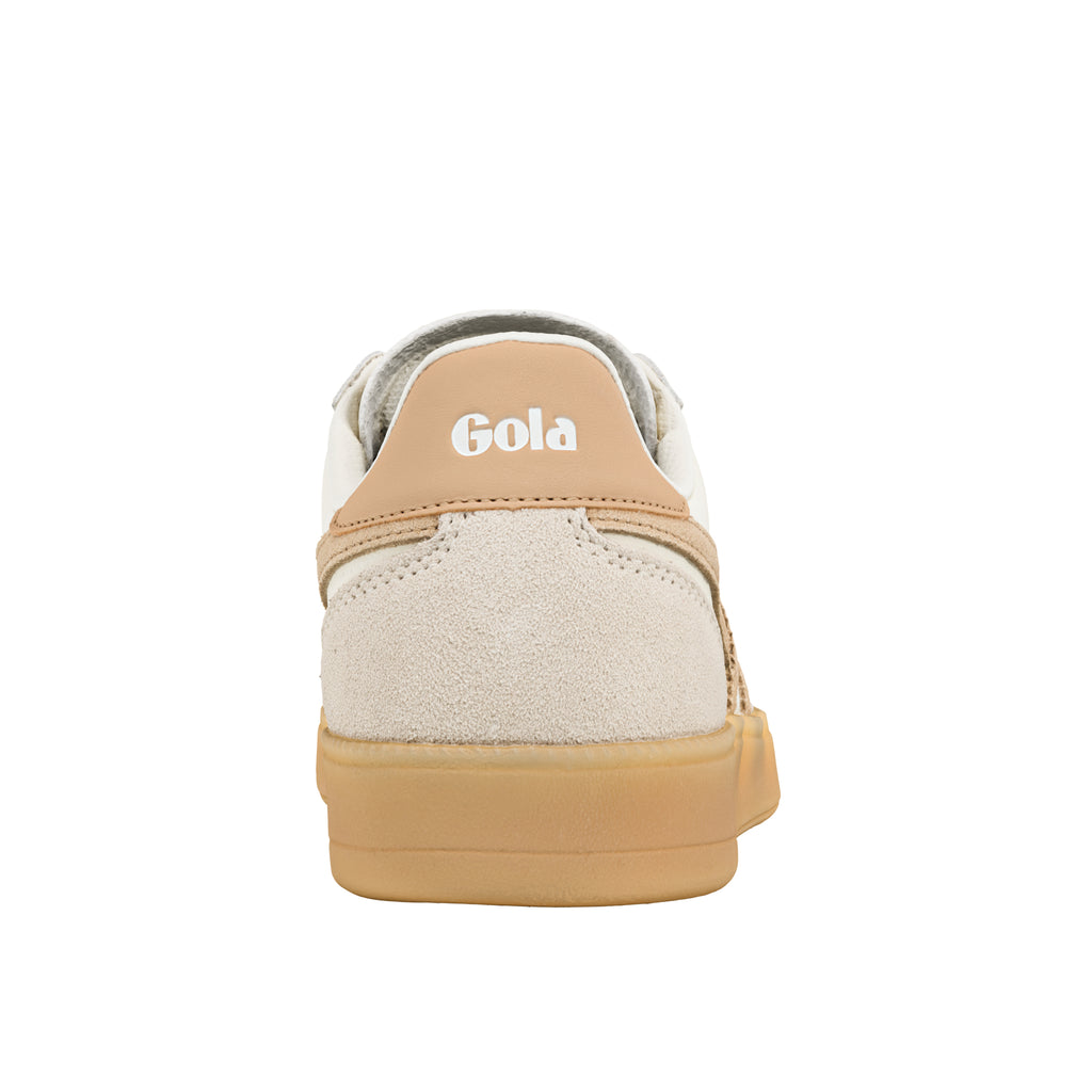 Rear view of a beige and white Gola trainer with a gum sole