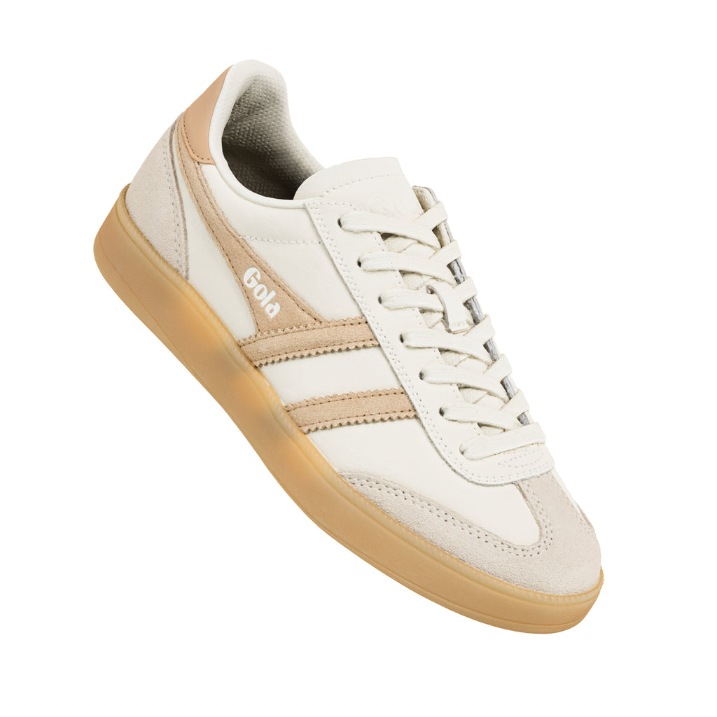 Off white Gola trainer with beige suede detailing and a gum rubber sole