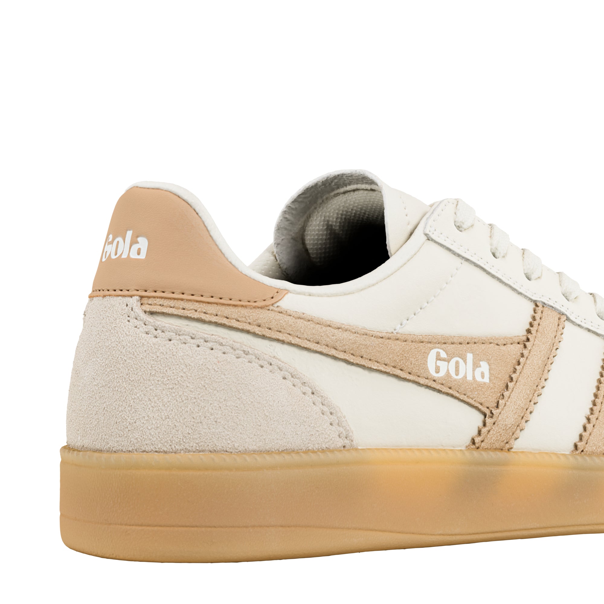 Cream and beige Gola trainer showing heel and side branding