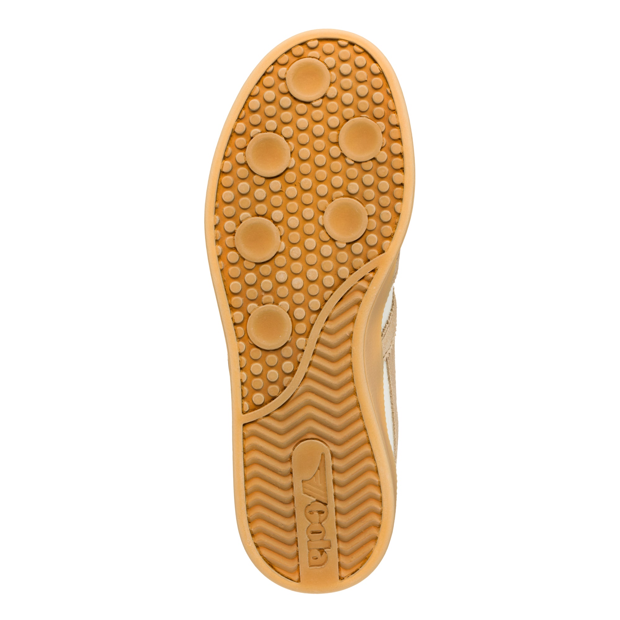 Tan rubber trainer sole with circular tread pattern and Gola branding